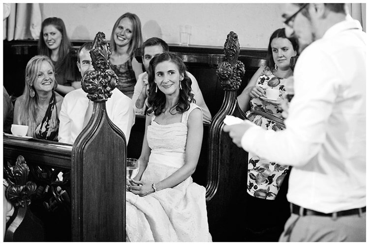 Michaelhouse wedding smiling bride during grooms speech