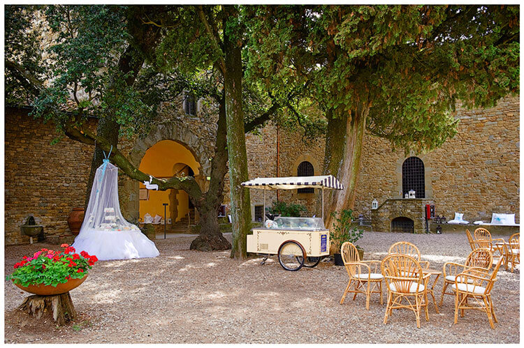 Castel di Poggio wedding venue central courtyard decorated for the big occasion