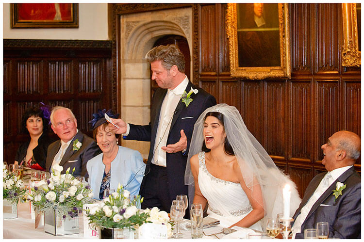 Christ’s College wedding bride laughing during grooms speches