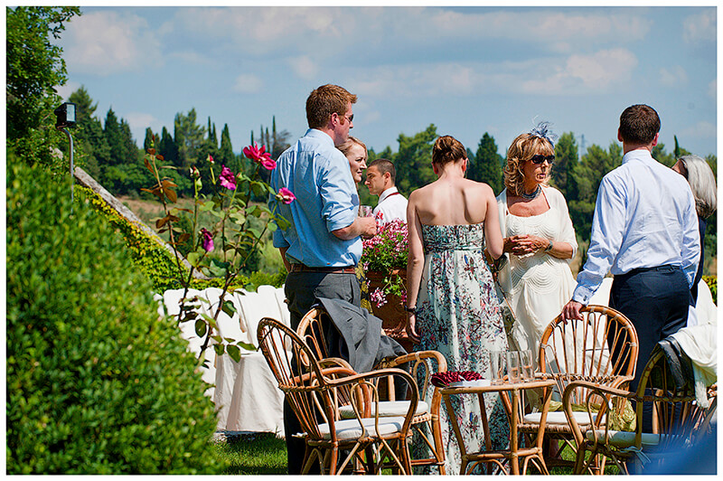 guests mingling in Italian gardens