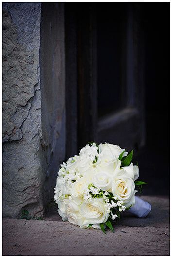 white bridal flowers in doorway