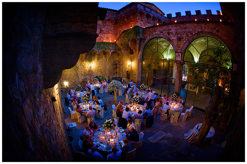 Central courtyard of Castello di Vincigliata wedding venue at night