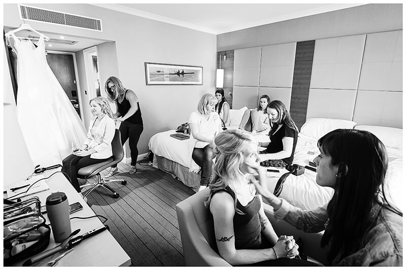 bridal party in hotel room during preperations