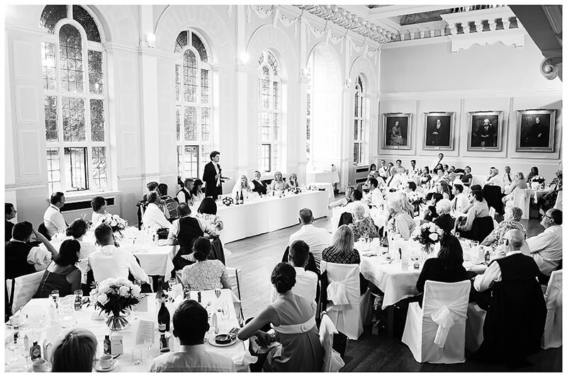 Newnham College Cambridge wedding reception during speeches