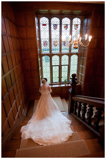 bride on stairs long wedding dress train