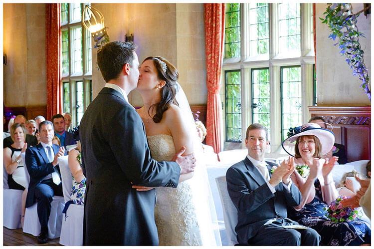 Fanhams Hall wedding first kiss as husband & wife