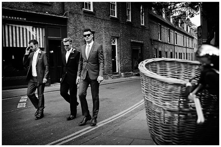 Christ’s College wedding groomsmen on streets of Cambridge