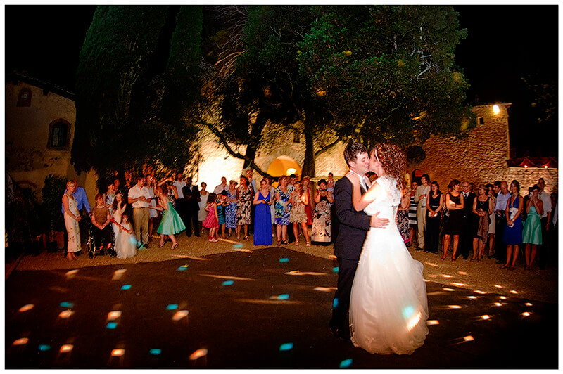 happy couples first dance on Castel di Poggio's outside dancefloor