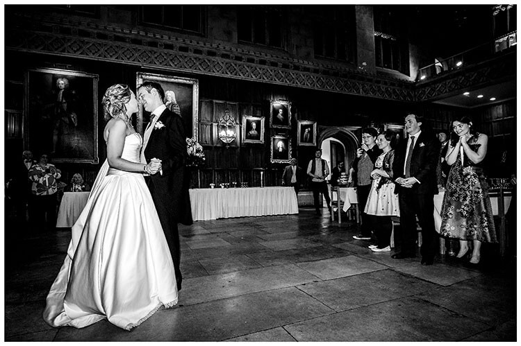 Bride grooms first dance at kings College Cambridge watched by guests favourite wedding photography 2018