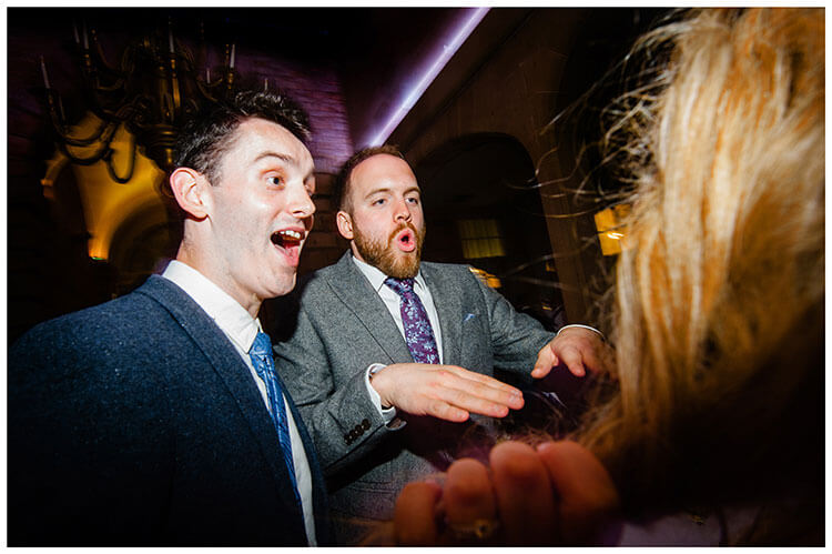 Pulling faces on the dance floor Charsworth house wedding reception 2018